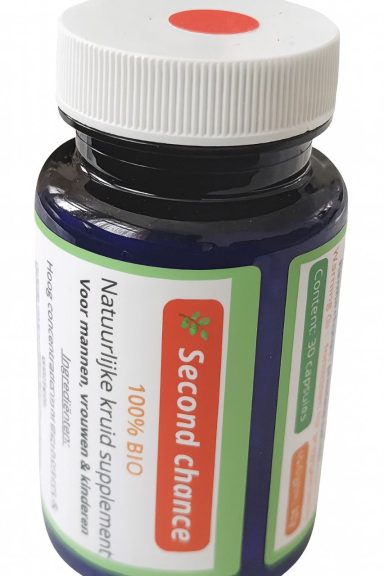 Flesje met een witte dop en een rood etiket. De inhoud bestaat uit capsules voor het starten van een behandeling.
